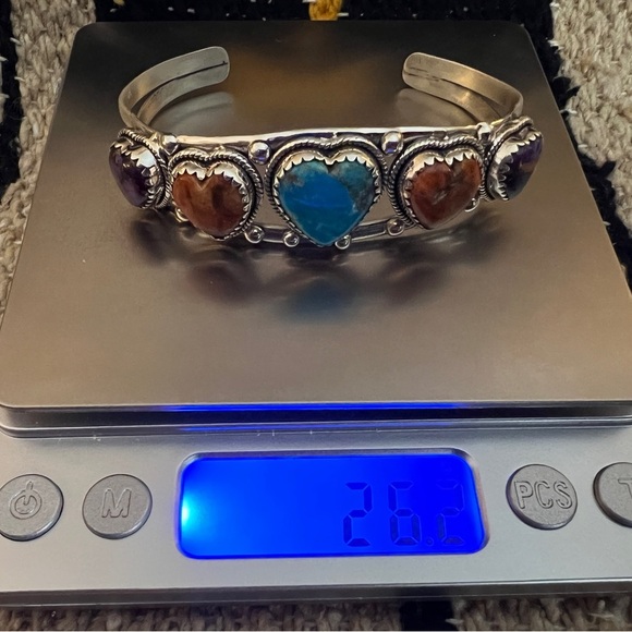 Turquoise, Spiny Oyster, Purple Dahlia 925 ADJUSTABLE Navajo Heart Cuff 26.2Gm - Picture 8 of 14